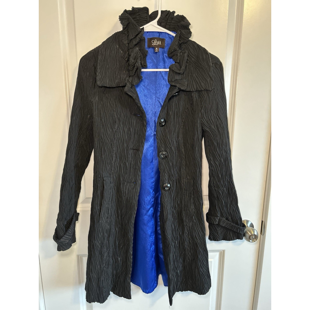 Luii Women’s Black Textured Crinkled Ruffle Collar Dress Coat Jacket Medium